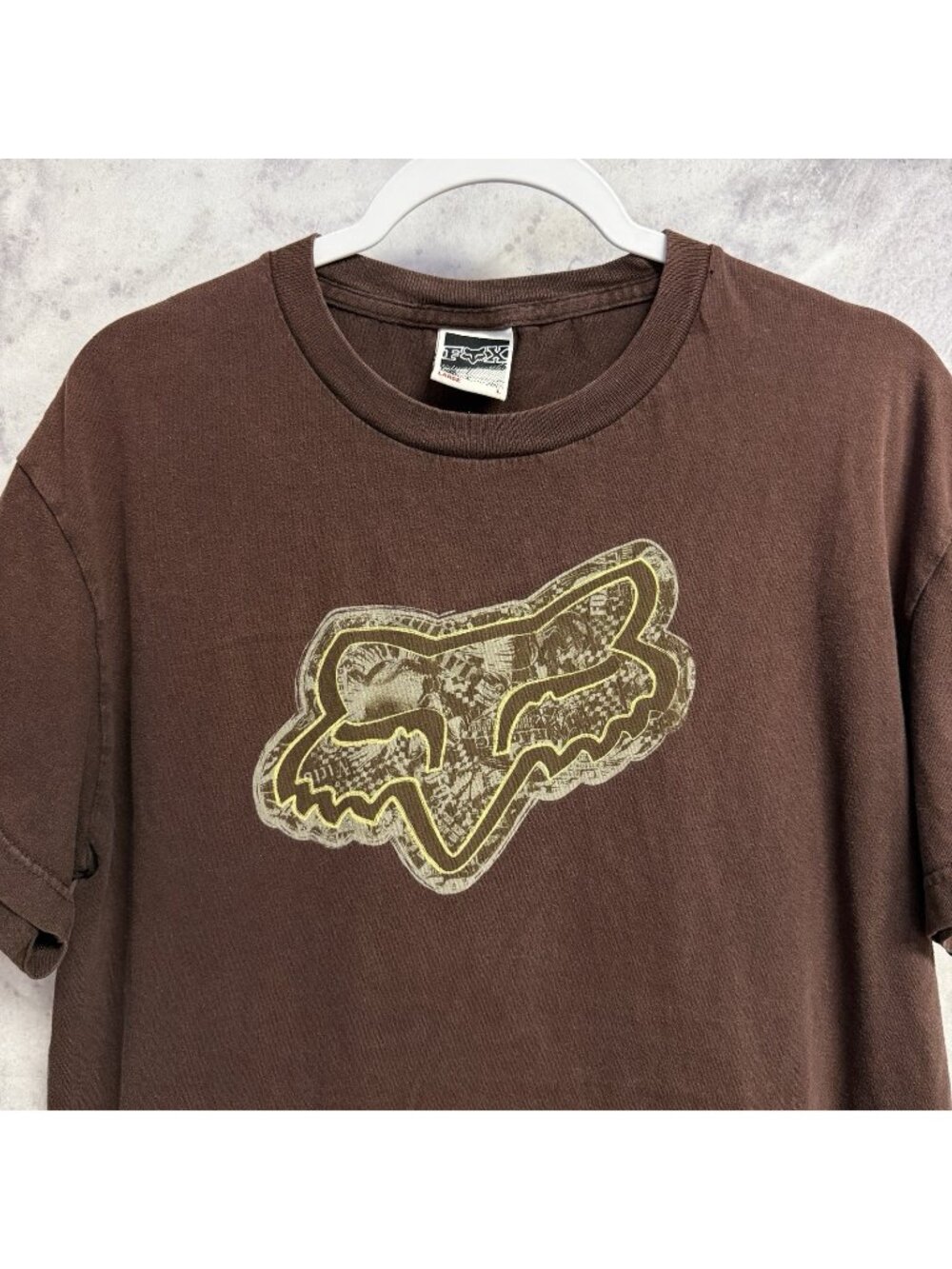 Vintage Y2K Fox Logo Graphic T Shirt Mens Large Brown Short Sleeve Fox Head